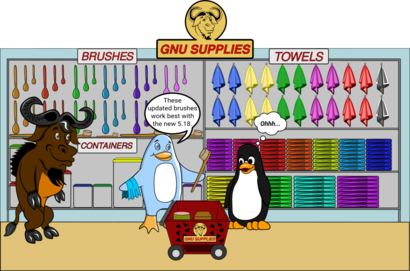 At the GNU SUPPLIES supermarket, GNU witnesses Freedo give Tux advice about updated brushes that work best with the new 5.18. There are brushes, containers and towels of various colors on display. Image by Jason Self from https://jxself.org/git/?p=freedo.git.