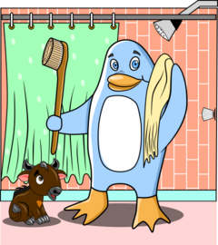 Freedo, with towel and brush, fresh out of the shower, next to rubber GNU. Image by Jason Self from https://jxself.org/git/?p=freedo.git.