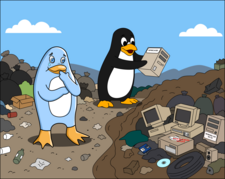 Freedo cries quietly watching Tux throw an i486 computer on a landfill with other such working computers, now missing a kernel.  Image by Jason Self.
