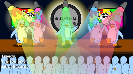 Freedo and four light-blue Tuxes perform I'm Too Sixy on stage under colorful spotlights to an audience of light-blue penguins.  Sunglassed GNU appears in the center of colorful screens on both sides in the back, and a circle in the center displays 6.0-gnu.  Image by Jason Self from https://jxself.org/git/?p=freedo.git.