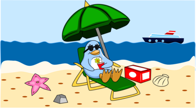 (en=>es) Freedo relaxes on the beach.  Image by Jason Self from https://jxself.org/git/?p=freedo.git.