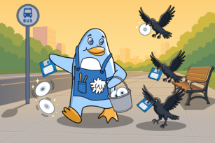 (en=>es) Freedo walks on the street sharing free software with crows.  Image by Jason Self.
