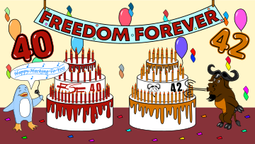 GNU and Freedo celebrate the 40th anniversary of the FSF and GNU's 42nd. Image by Jason Self.
