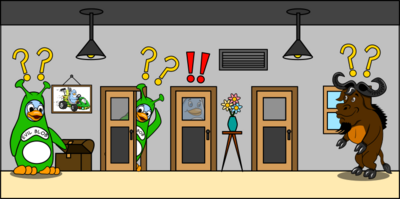GNU and Freedo play hide and seek.  GNU is searching for Freedo, who's hiding behind a door; Evil Bob and Evil Blob are so visible that it looks they don't know how to play.  Tux is not visible at all.  Image by Jason Self from https://jxself.org/git/?p=freedo.git.