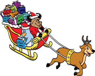 Santa GNaUs and ElFreedo in a sleigh pulled by the Libreboot deer, delivering the gift of freedom embodied as Free Software packages.  Image by Jason Self from https://jxself.org/git/?p=freedo.git.