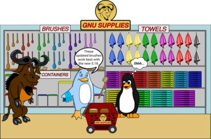 At the GNU SUPPLIES supermarket, GNU witnesses Freedo give Tux advice about updated brushes that work best with the new 5.18.  There are brushes, containers and towels of various colors on display.  Image by Jason Self from https://jxself.org/git/?p=freedo.git.