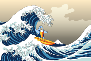 Freedo surfs the Great Wave off Kanagawa.  Image by Hokusai-san and Jason Self.