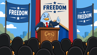 Freedo encourages the crowd at a rally to choose freedom.  Image by Jason Self.