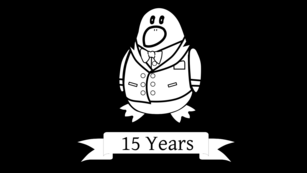 Classic Freedo dressed up in a tuxedo to celebrate the 15th anniversary of Linux-libre, in a black-and-white wallpaper with a 15 Years banner underneath.  Image by Jason Self from https://jxself.org/git/?p=freedo.git, characters in font Gentium Plus.