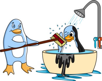 Tux sits in a bathtub, while Freedo washes the dirt off of him, revealing light-blue colors.  Image by Jason Self from https://jxself.org/git/?p=freedo.git.