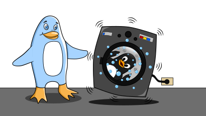 Freedo stands next to a washing machine. Tux is inside it, getting cleaned up for a new release. Both appear to be enjoying it. Image by Jason Self from https://jxself.org/git/?p=freedo.git.