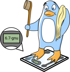 Freedo stands on a digital scale, and the visor says 6.7-gnu. Image by Jason Self from https://jxself.org/git/?p=freedo.git.