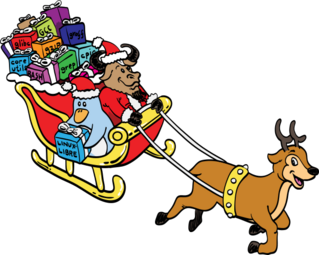 Santa GNaUs and ElFreedo in a sleigh pulled by the Libreboot deer, delivering the gift of freedom embodied as Free Software packages. Image by Jason Self from https://jxself.org/git/?p=freedo.git.