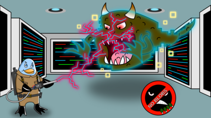 Freedo hunts a monstrous ghostly blob, as in ghostbusters. Image by Jason Self from https://jxself.org/git/?p=freedo.git.