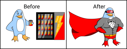 On the left (Before), Freedo drinks a can of Freesh GNU GPL Drinks. On the right (After), he seems stronger wearing a superhero uniform with a GNU head on the chest. Image by Jason Self from https://jxself.org/git/?p=freedo.git.