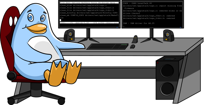 (en=>fr) Freedo sits at a computer table with keyboard, mouse, speakers and two screens, one showing a fragment of the year-old deblob-5.18 script, another showing its output.  Image by Jason Self from https://jxself.org/git/?p=freedo.git.
