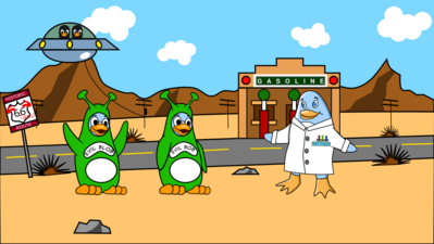 Freedo wears a white coat with colored pens in the pocket, and a GNU Project tag.  Two other green penguins wear green alien costumes with antennas; the names printed on their chests are Evil Blob and Evil Bob.  Behind them, there's a road, a gas station.  Far in the background, there are mounts and a flying saucer with two black penguins inside.  Next to the road, a sign that said HISTORIC 66 ROUTE has graffiti that adds GNU horns, a dot between the digits, and -GNU.  Image by Jason Self from https://jxself.org/git/?p=freedo.git.