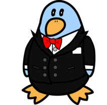 (en=>fr) Classic Freedo dressed up in a tuxedo to celebrate the 15th anniversary of Linux-libre.  Image by Jason Self from https://jxself.org/git/?p=freedo.git.