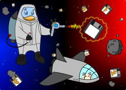 In space, no one can hear you clean.  Freedo cleans up dirty floppy disks floating about in space, using a deblobbing ray gun.  Freelix, the GNU cat, his feline companion, can be seen inside a nearby spaceshuttle, that runs on an Intel 80486 processor.  Image by Jason Self.