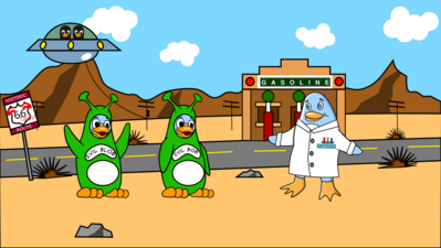 Freedo wears a white coat with colored pens in the pocket, and a GNU Project tag. Two other green penguins wear green alien costumes with antennas; the names printed on their chests are Evil Blob and Evil Bob. Behind them, there's a road, a gas station. Far in the background, there are mounts and a flying saucer with two black penguins inside. Next to the road, a sign that said HISTORIC 66 ROUTE has graffiti that adds GNU horns, a dot between the digits, and -GNU. Image by Jason Self from https://jxself.org/git/?p=freedo.git.
