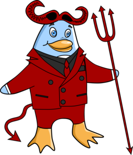 Freedo poses in a devil costume with GNU horns to celebrate 6.6.6-gnu. Image by Jason Self from https://jxself.org/git/?p=freedo.git.