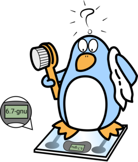 Classic Freedo stands on a digital scale, looking alarmed and confused that the visor says 6.7-gnu. Image by Jason Self from https://jxself.org/git/?p=freedo.git.