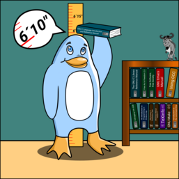 Freedo measures his height, reaching 6'10, using one of the books taken from a bookshelf with various historical Free Software titles. There's a standing-up GNU statue on top of the bookshelf. Image by Jason Self from https://jxself.org/git/?p=freedo.git.